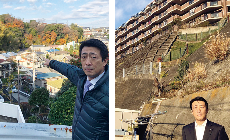 防災工事が予算化された永田南（左）と大岡（右）の崖地